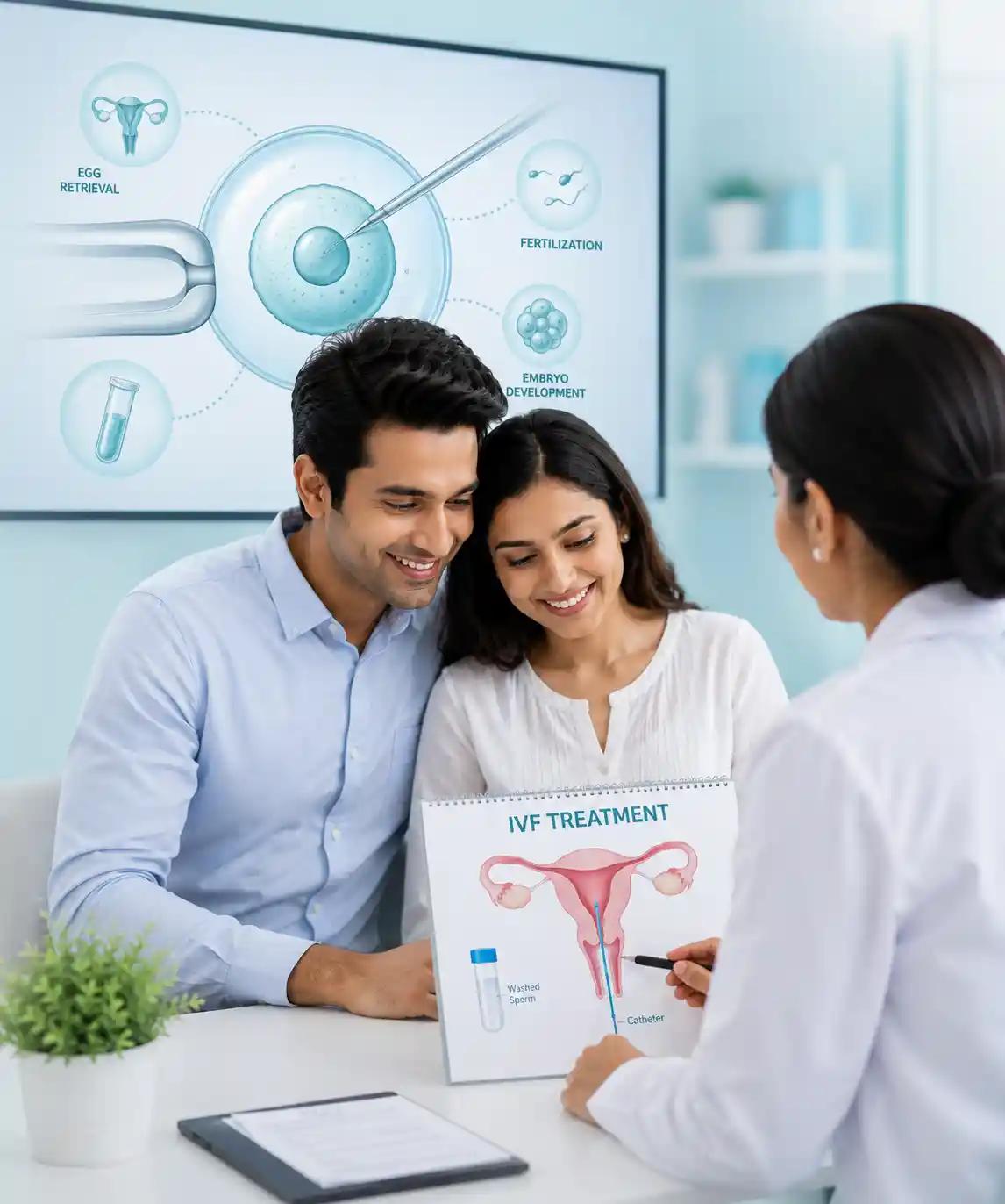 IVF treatment infographic at Ganga Laxmi IVF, Lucknow — egg retrieval, fertilisation, and embryo development overview