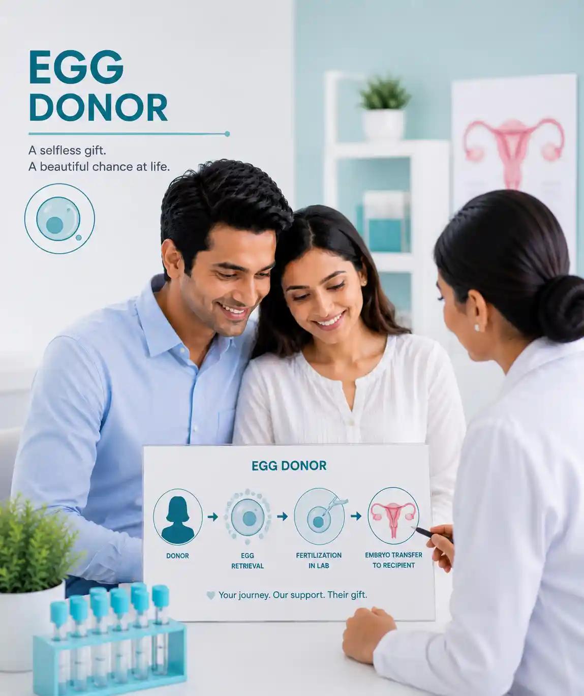 Egg donor programme at Ganga Laxmi IVF, Lucknow — donor selection, egg retrieval, fertilisation, and embryo transfer to recipient