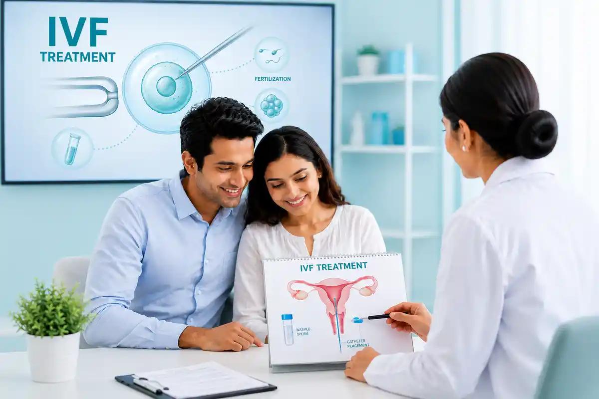 IVF treatment infographic at Ganga Laxmi IVF, Lucknow — egg retrieval, fertilisation, and embryo development overview