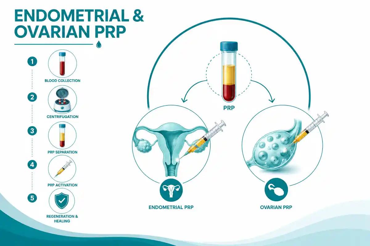 Endometrial and Ovarian PRP at Ganga Laxmi IVF, Lucknow — blood collection, PRP preparation, and uterine / ovarian therapy steps