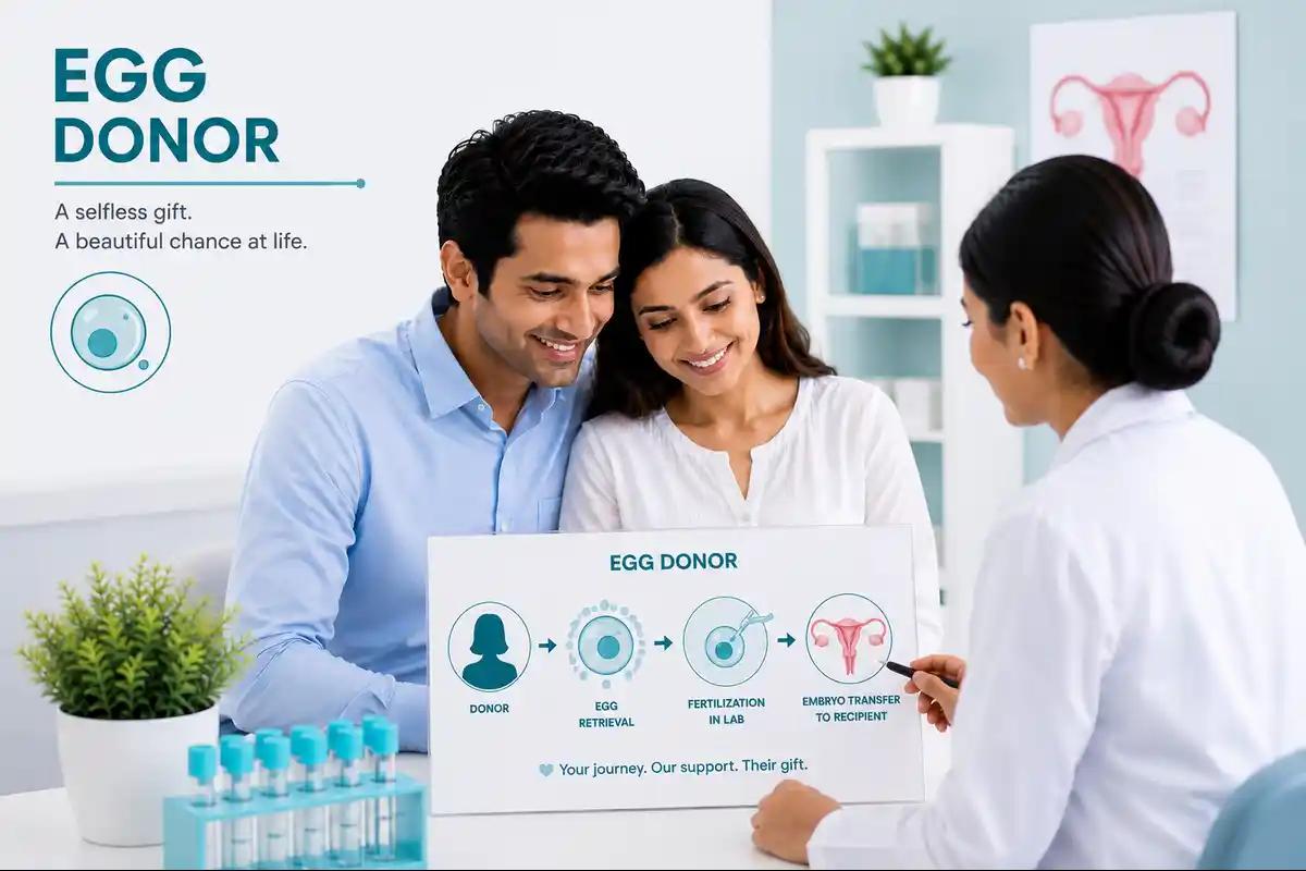 Egg donor programme at Ganga Laxmi IVF, Lucknow — donor selection, egg retrieval, fertilisation, and embryo transfer to recipient