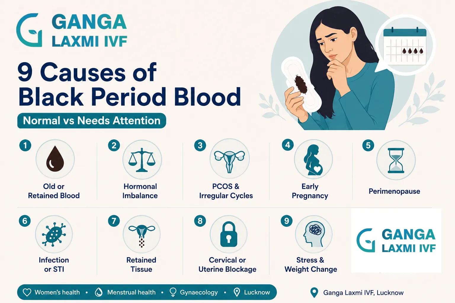 Infographic showing 9 causes of black period blood - Ganga Laxmi IVF Lucknow
