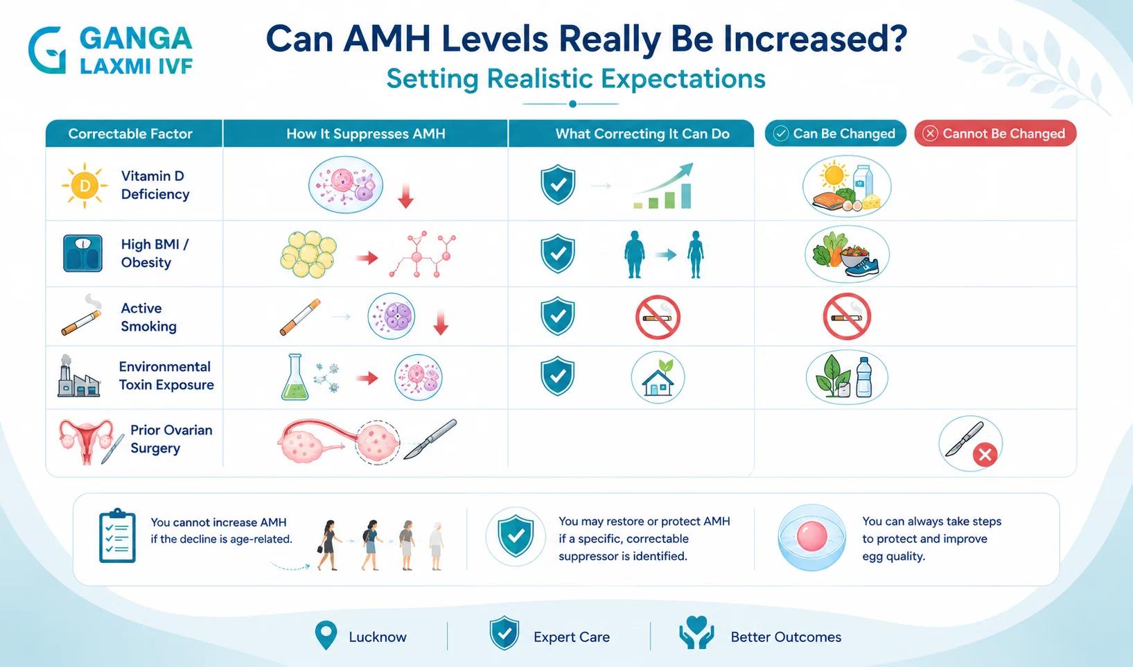 Infographic showing what can and cannot be changed about AMH levels, Ganga Laxmi IVF Lucknow