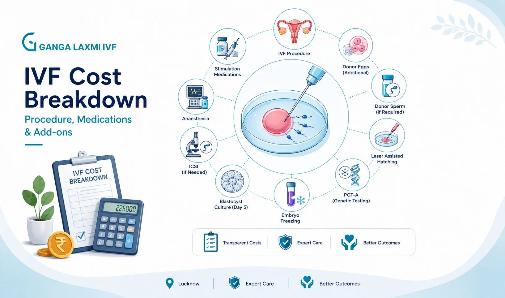 IVF cost breakdown infographic showing procedure, medication and add-on costs at Ganga Laxmi IVF Lucknow 2026