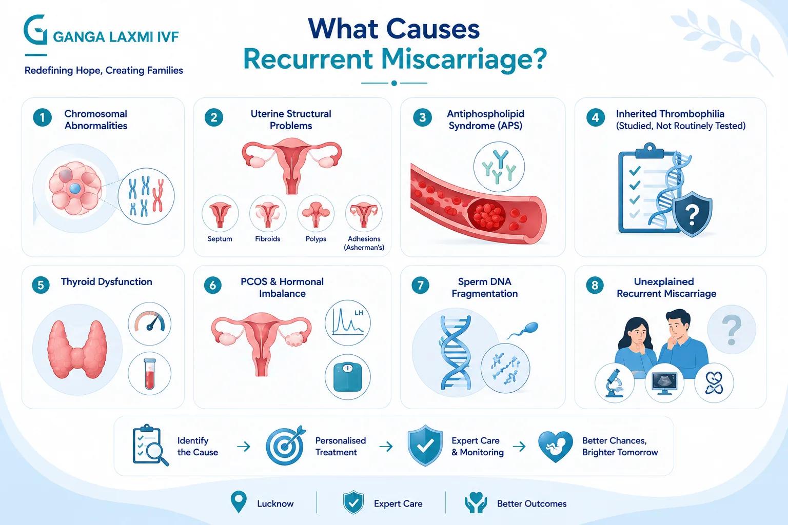 Infographic showing 8 causes of recurrent miscarriage investigated by Dr. Kumudini Chauhan at Ganga Laxmi IVF Lucknow