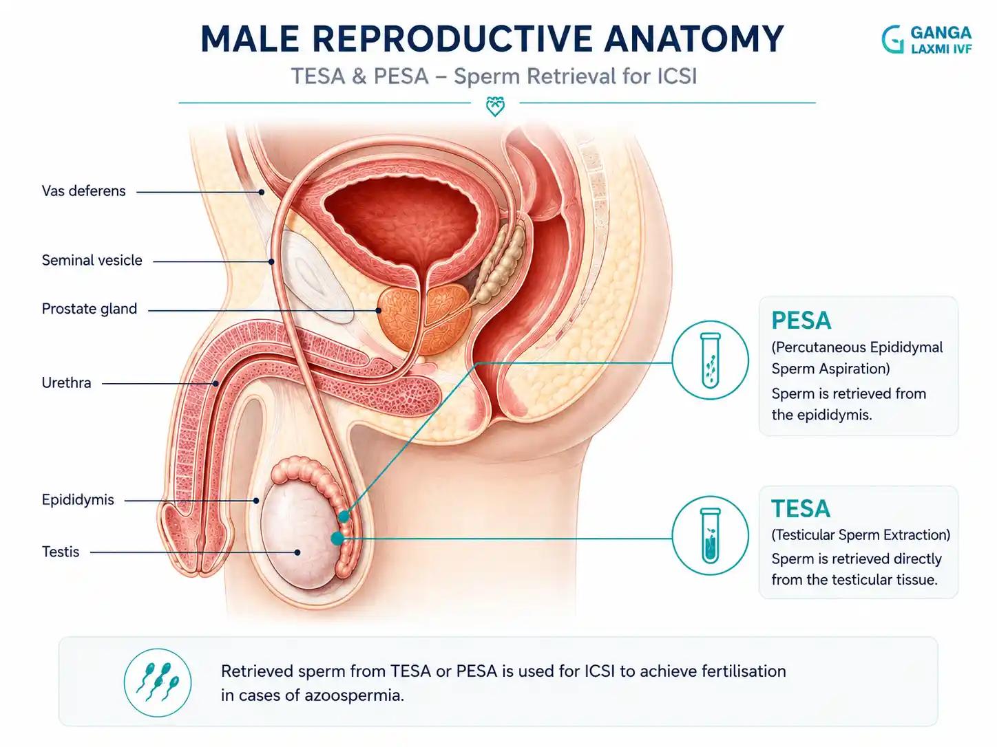 Diagram of male reproductive anatomy showing the sites of TESA and PESA sperm retrieval for azoospermia treatment combined with ICSI