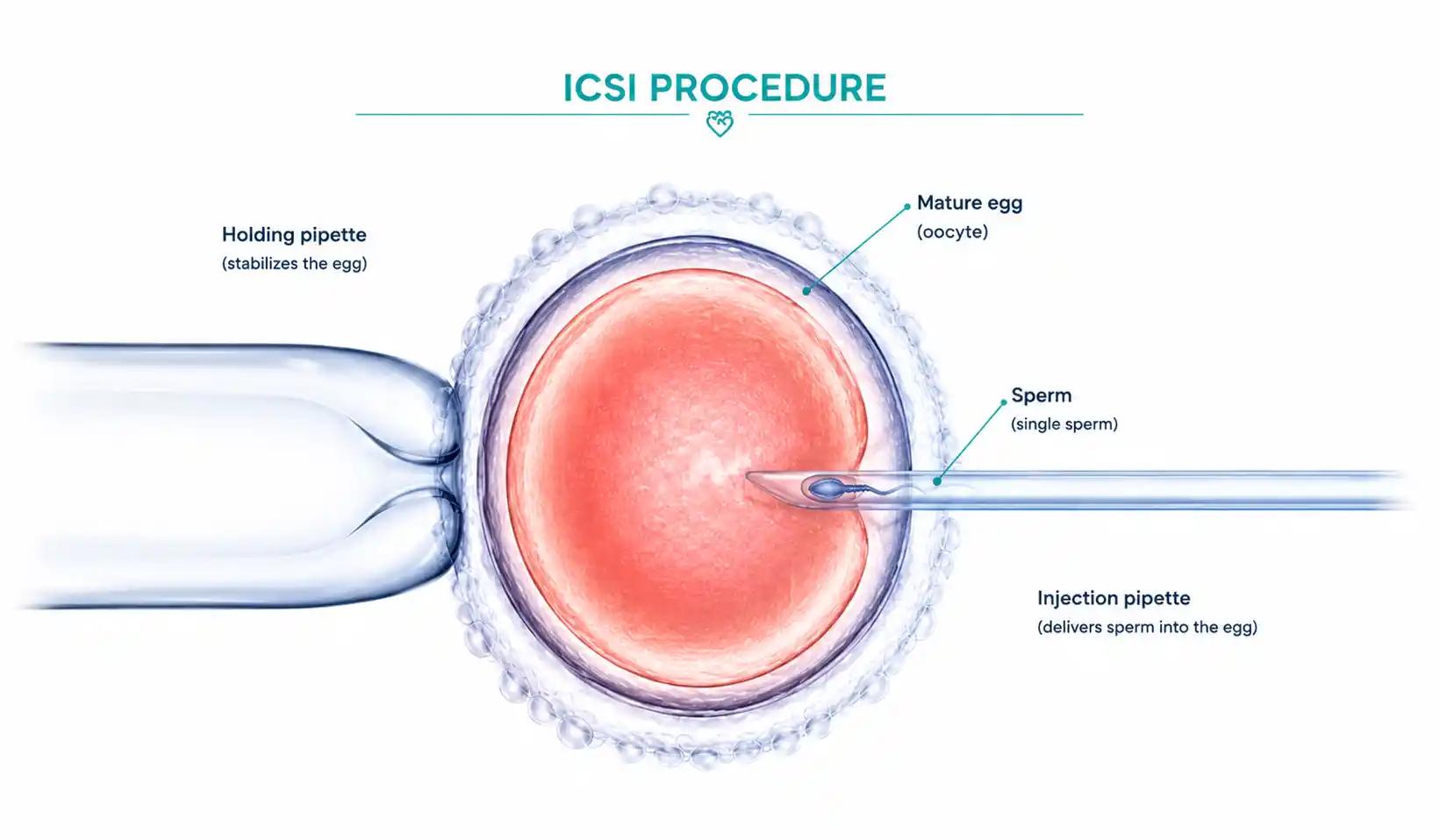 Illustration of the ICSI procedure showing a single sperm being injected directly into a mature egg using a fine needle