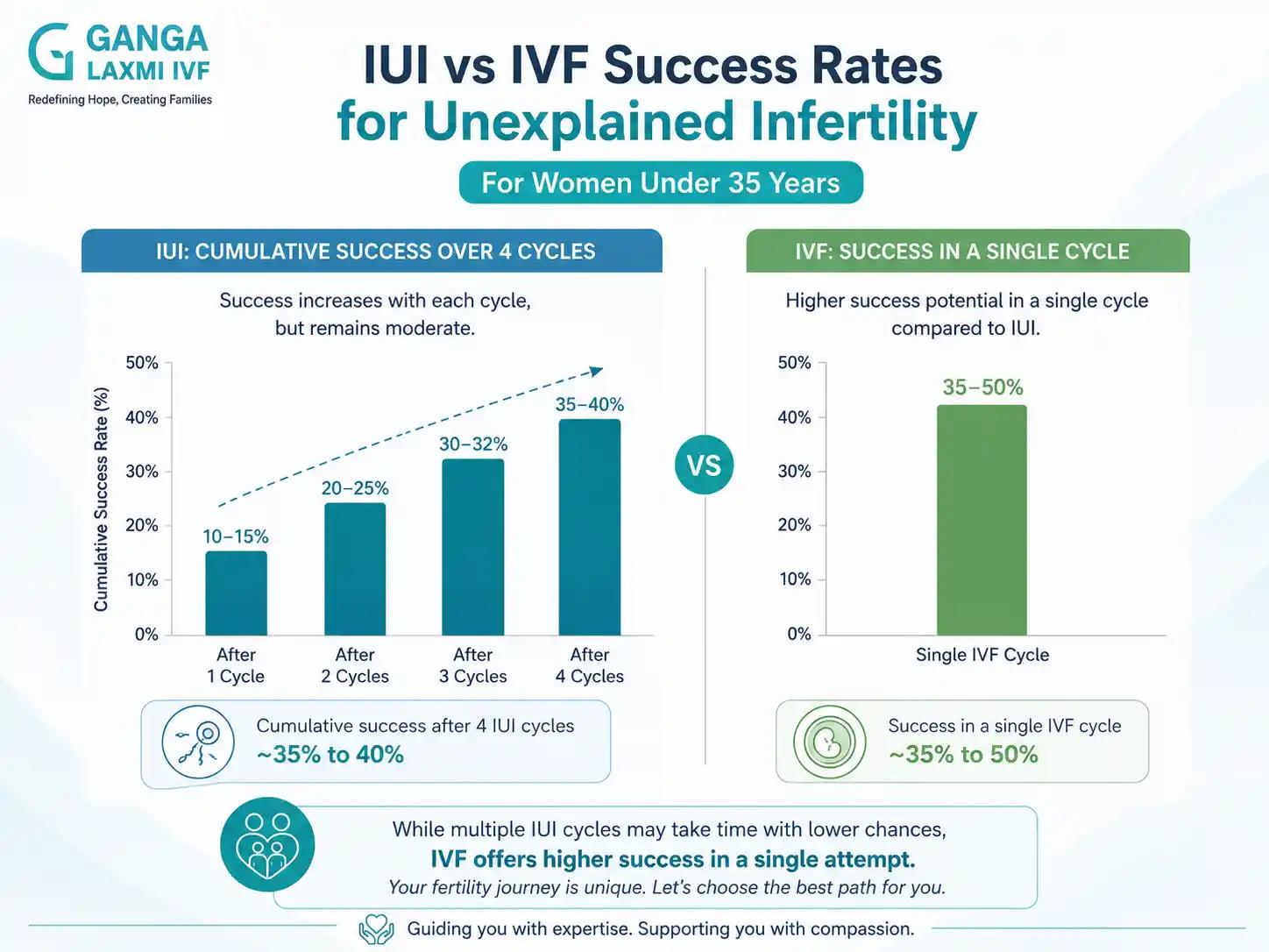 Chart comparing cumulative IUI success rates over 4 cycles versus single-cycle IVF success rate for unexplained infertility in women under 35