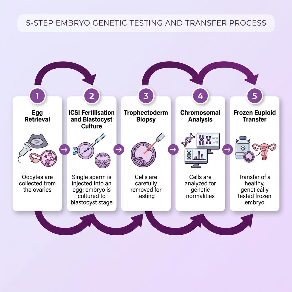 PGT-A process diagram showing embryo biopsy and chromosomal testing before IVF transfer — Ganga Laxmi IVF Lucknow