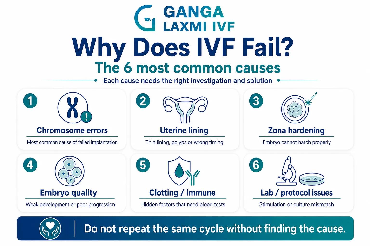 Infographic showing causes of IVF failure and clinical solutions — Ganga Laxmi IVF Lucknow